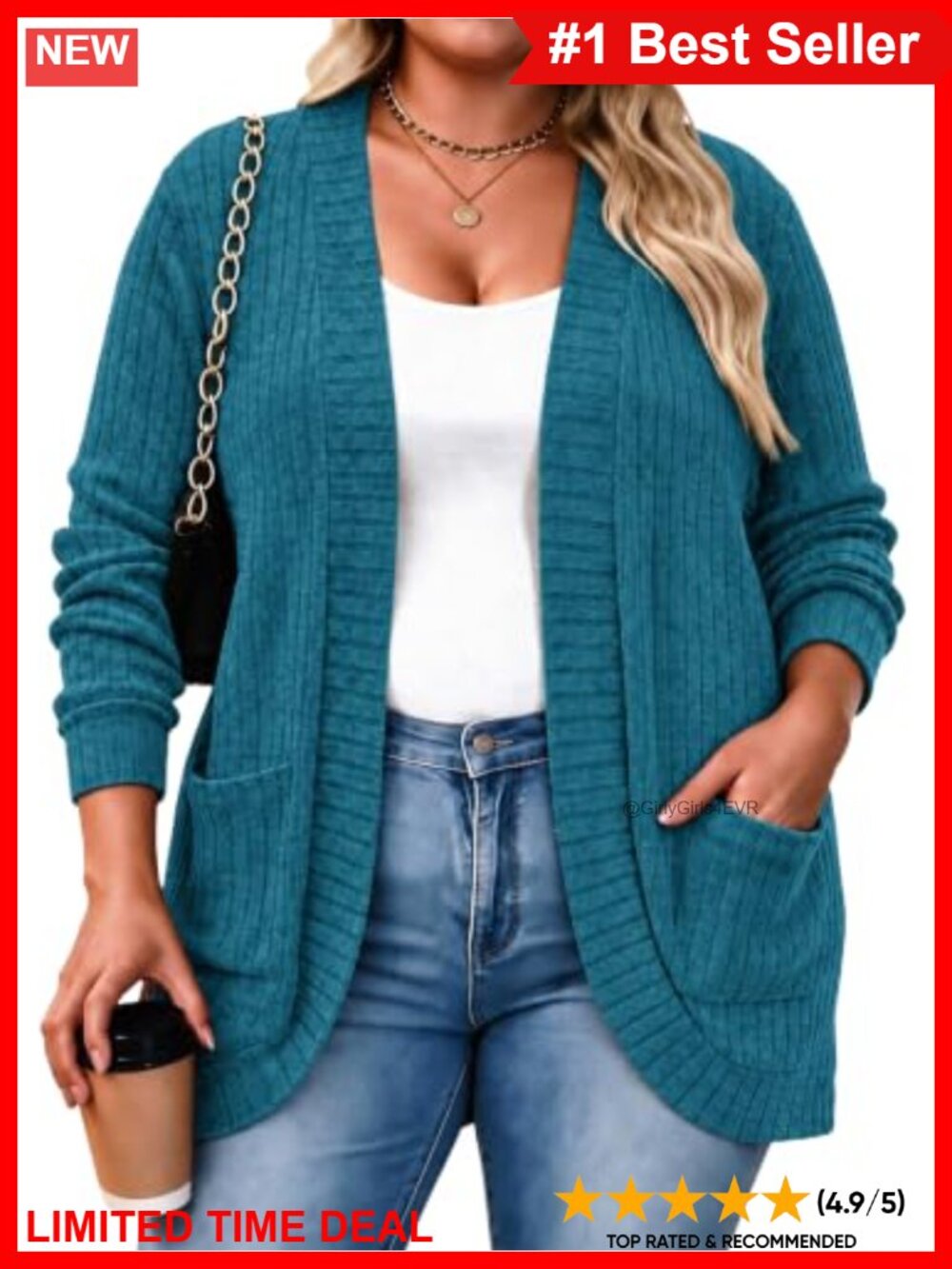 Plus Size Ribbed Knit Open Front Long Sleeve Cardigan Sweater with Pockets